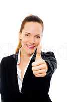 Young businesswoman with thumb up on white background studio