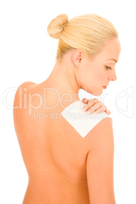 naked woman with patch on the shoulder