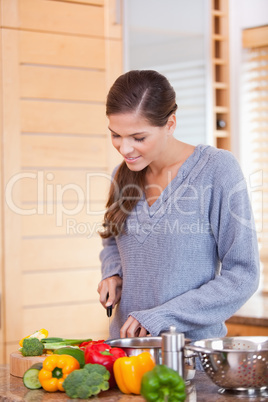 Woman in the kitchen slicing vegetables