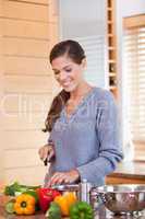 Smiling woman in the kitchen slicing vegetables