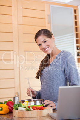 Smiling woman stirring the meal she is preparing
