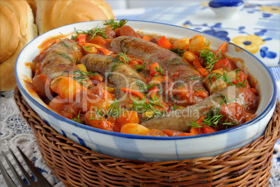 Home sausages with beans