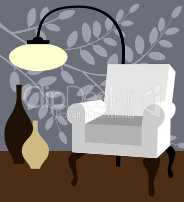 White armchair on natur blue background modern interior