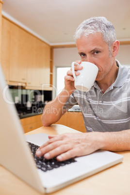 Portrait of a man using a laptop while drinking tea