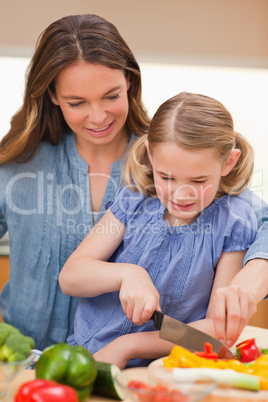 Portrait of a mother slicing bell pepper with her daughter