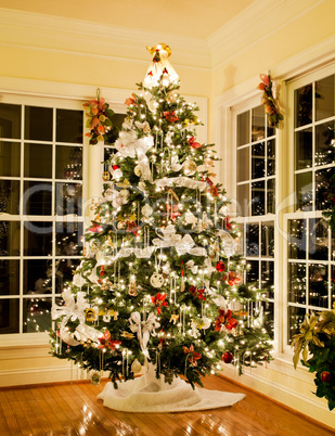 Decorated christmas tree in home