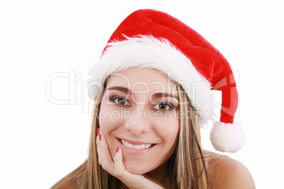 Portrait of beautiful woman wearing santa claus hat on white bac