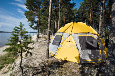 scenic view with tourist tent