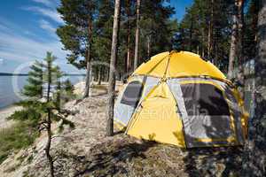 scenic view with tourist tent