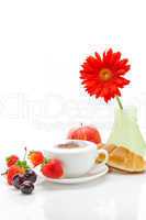 cappuccino in a cup in the shape of hearts,gerbera,apple,cherry,