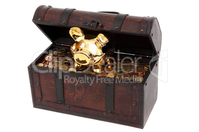 piggy bank and chest with coins