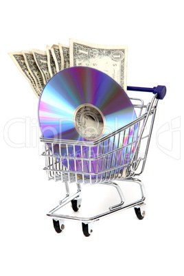 shoppingcart with dollars and DVD