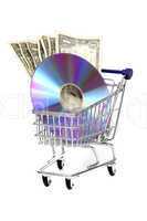 shoppingcart with dollars and DVD