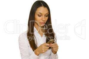 Business woman reading message on mobile phone