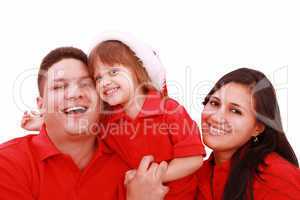 Happiness family in christmas hat isolated on white