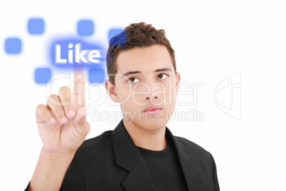man pressing a touchscreen like button
