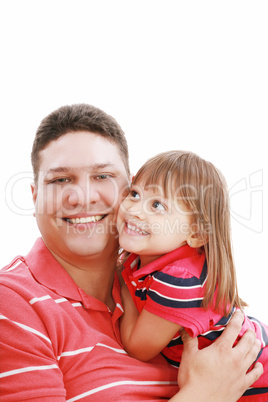 Portrait of father and daughter smiling, isolated on white