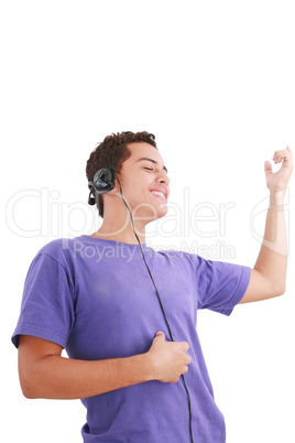 Smiling young man listen music with headphones