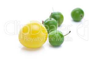 green and yellow plums isolated on white