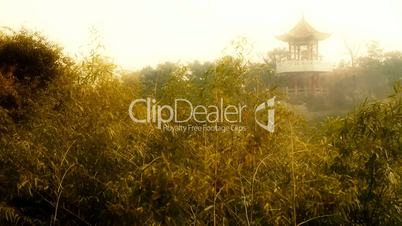 wind shaking bamboo,Pavilion on hill in distance,Hazy Style.