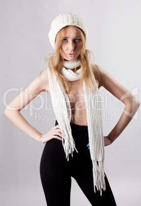 sexy blond woman portrait in panty hose and scarf