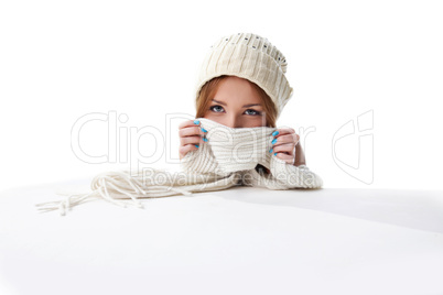 happy blond woman hide with white scarf