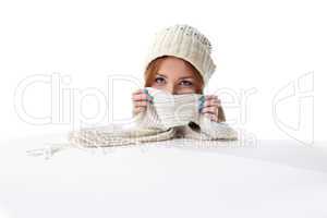 happy blond woman hide with white scarf