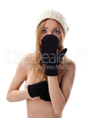Pretty nude woman close breast with mitten