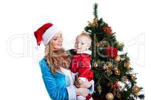 christmas girl with baby santa claus portrait