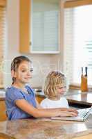 Brother and sister with laptop in the kitchen
