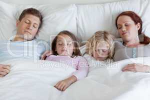 Adorable family sleeping in the bed together