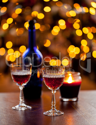 Sherry glasses in front of xmas tree