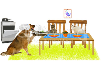 Festmahl- Mischlingshund serviert für Katze und Kater
