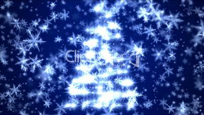 Christmas tree with falling snow on blue background