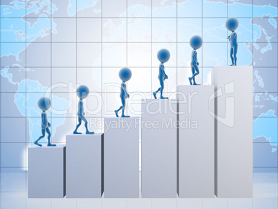 3D business men climbing a graph with one confident business man