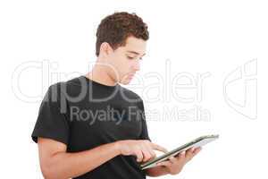 Young casual student working on a digital tablet. Isolated on a