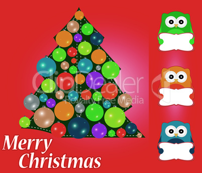 Merry Christmas greeting card with cute owls. Vector background