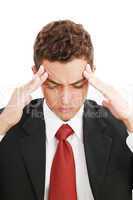 Attractive young man suffering from headache. All on white backg