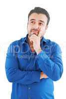 caucasian man thinking pensive looking up studio portrait on iso