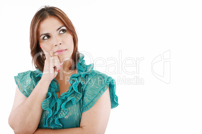 Closeup of an attractive young woman thinking, isolated on white