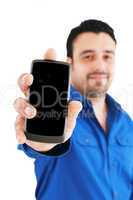 businessman with cellphone, isolated on white, focus on hand
