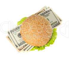 Hamburger with money on the white background