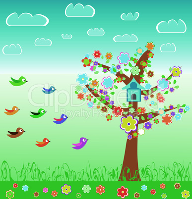 summer landscape with birds flower and tree. Meadow Background