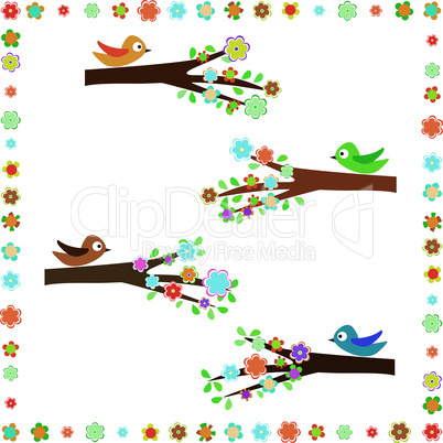 Birds sitting on different tree branches with flower decor