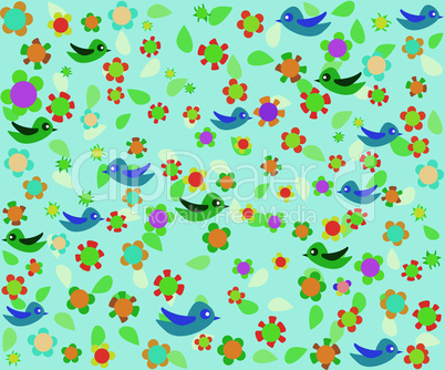 Romantic floral background with cartoon birds