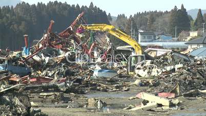 Heavy Machinery In Tsunami Devastation Area In Kesennuma City Japan