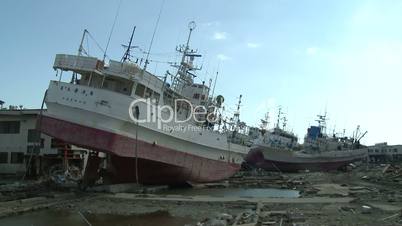 Japan Tsunami Aftermath - Ships Smashed And Washed Ashore
