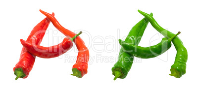 Letter A composed of green and red chili peppers