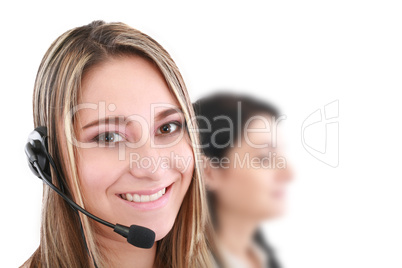 Beautiful representative smiling call center woman with headset.