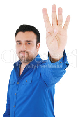 young good looking man with counting fingers against white backg